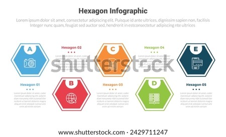 hexagon or hexagonal honeycombs shape infographics template diagram with outline and half circle badge up and down with 5 point step creative design for slide presentation