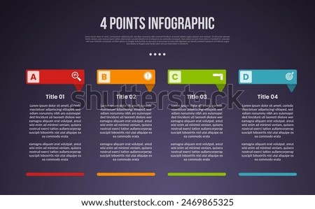 4 points or step process infographic with creative header table with footer with modern dark style for slide presentation vector