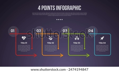 4 points or step process infographic with outline table box with arrow direction and circle header edge with modern dark style for slide presentation vector