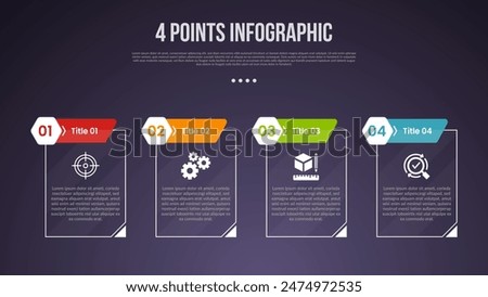 4 points or step process infographic with creative outline table with cutted header badge with modern dark style for slide presentation vector