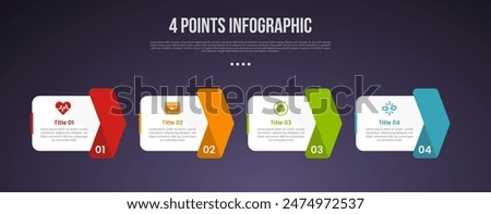 4 points or step process infographic with box container with arrow right side direction with modern dark style for slide presentation vector