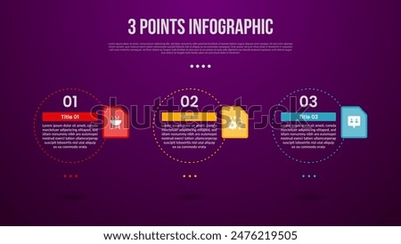 3 points or step process infographic with big outline circle dotted horizontal with modern dark style for slide presentation vector