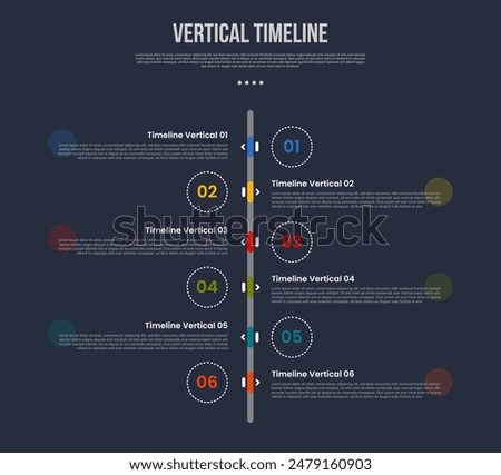 vertical timeline business report infographic with outline dotted circle opposite position with 6 point stage with modern dark style for slide presentation vector