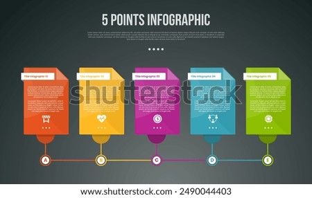 5 points or step process infographic with box container linked on bottom with line with modern dark style for slide presentation vector