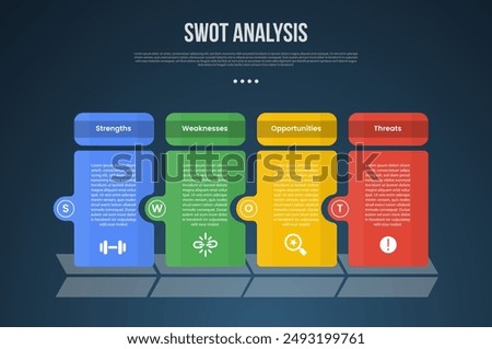 SWOT business analysis infographic template with creative table box with circle on edge with dark background style with 4 point for slide presentation vector