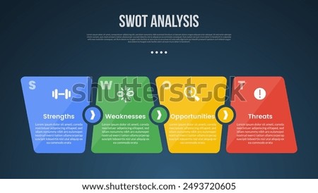 SWOT business analysis infographic template with unbalance box size sledge on horizontal direction with dark background style with 4 point for slide presentation vector