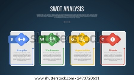 SWOT business analysis infographic template with vertical box with creative header badge with dark background style with 4 point for slide presentation vector