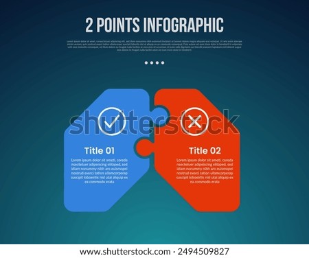 2 or two point template comparison versus things in infographic with round puzzle box connection with modern dark style for slide presentation vector