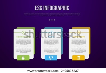 ESG infographic template with creative box with outline circle on top with dark background style with 3 point for slide presentation vector