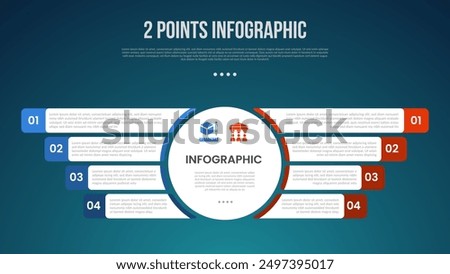 2 or two point template comparison versus things in infographic with big circle center and round rectangle box information opposite with modern dark style for slide presentation vector