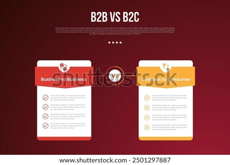 B2B vs B2C business infographic for comparison data or versus with price table box badge with triangle header with modern dark gradient style background for slide presentation vector