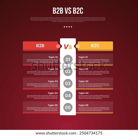 B2B vs B2C business infographic for comparison data or versus with table point no boundaries with big vertical box with modern dark gradient style background for slide presentation vector