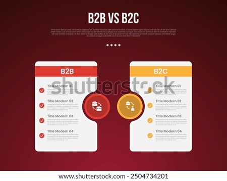 B2B vs B2C business infographic for comparison data or versus with big table and circle accessories with modern dark gradient style background for slide presentation vector