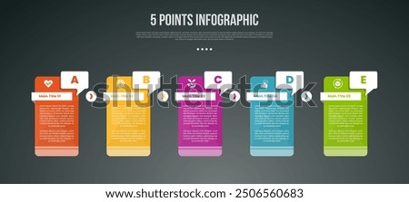 5 points or step process infographic with creative table shape with badge callout commentary box with modern dark style for slide presentation vector