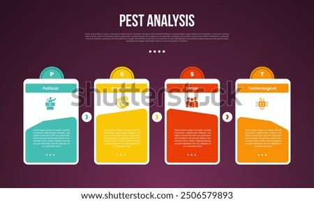 PEST analysis infographic template with dark gradient background style with creative linked box table with circle on header 4 point for slide presentation vector