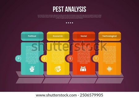 PEST analysis infographic template with dark gradient background style with creative table box with circle on edge 4 point for slide presentation vector