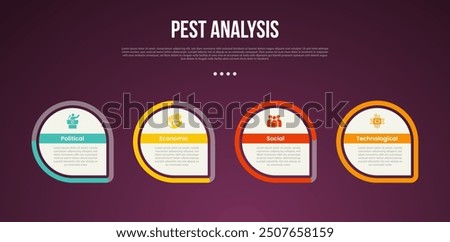 PEST analysis infographic template with creative circle with outline progress sharp footer bottom with dark background style with 4 point for slide presentation vector