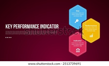 KPI or key performance indicator infographic template with hexagon on vertical direction with dark background style with 3 point for slide presentation vector