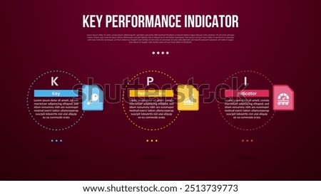 KPI or key performance indicator infographic template with big outline circle dotted horizontal with dark background style with 3 point for slide presentation vector