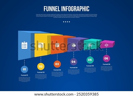 funnel infographic with horizontal funnel shape circle line connection with 6 point with dark style for slide presentation vector