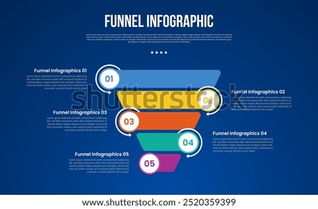 funnel infographic with reverse pyramid and outline circle badge with 5 point with dark style for slide presentation vector