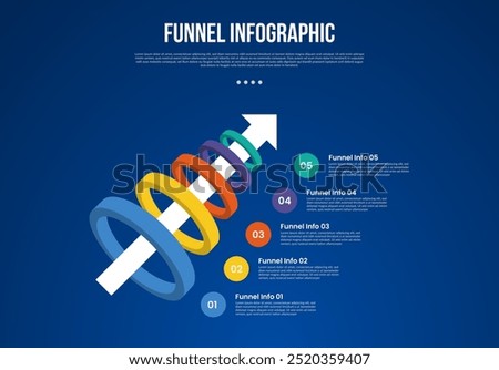 funnel infographic with 3d ring pyramid with arrow line through with 5 point with dark style for slide presentation vector