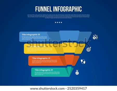 funnel infographic with creative joined shape with rectangle container with 4 point with dark style for slide presentation vector