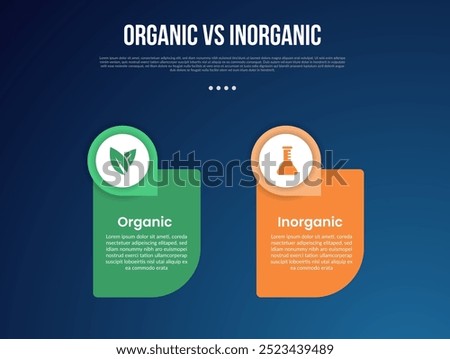 organic vs inogranic infographic for comparison data with round box with circle badge on top with modern dark gradient style background with 2 point information vector