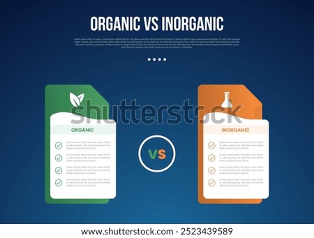 organic vs inogranic infographic for comparison data with creative table box with folder style stack with modern dark gradient style background with 2 point information vector