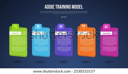 ADDIE training model infographic template with big folder and round header box dark background style with 5 point for slide presentation vector