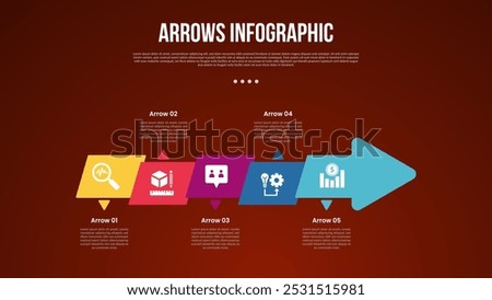 arrows template infographic with skew square up and down on arrow shape right direction with 5 point with dark style for slide presentation vector