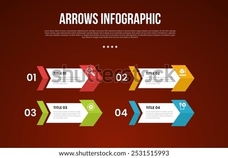 arrows template infographic with creative rectangle arrow shape with right direction with 4 point with dark style for slide presentation vector