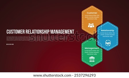 CRM infographic template with hexagon on vertical direction with dark background style with 3 point for slide presentation vector