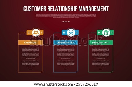 CRM infographic template with big outline table box with creative header outline circle with dark background style with 3 point for slide presentation vector