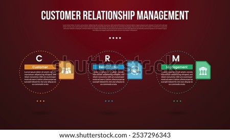 CRM infographic template with big table with big outline circle dotted horizontal with dark background style with 3 point for slide presentation vector