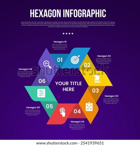 hexagon or hexagonal six sided polygon template infographic with sharp fan shape on cycle circular base with 6 point with dark style for slide presentation vector