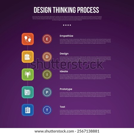 design thinking process infographic outline style with 5 point template with round rectangle vertical direction for slide presentation vector