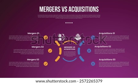 business mergers vs acquisitions infographic for comparison data with half circle dotted line with modern dark gradient style background with 2 point information vector