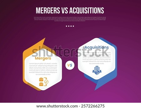 business mergers vs acquisitions infographic for comparison data with hexagon side to side with creative header and footer sharp with 2 point information vector