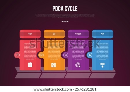 PDCA cycle infographic template with creative table box with circle on edge dark background style with 4 point for slide presentation vector