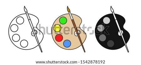Art palete icon. Vector logo with wood artist palette and one artist brush. Stok fotoğraf © 