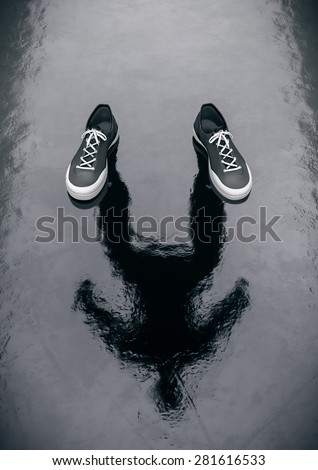 Invisible man standing on the wet floor. Create your own reality, DIY. Healthy lifestyle concept