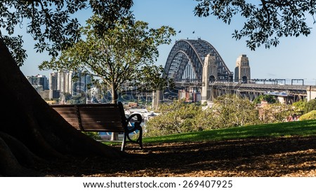 SYDNEY, AUSTRALIA April 02, 2014: Sydney\'s harbor bridge seen from a high-lying park