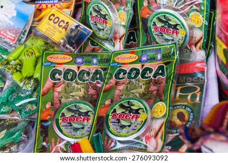 LA PAZ, BOLIVIA March 23, 2015: Coca leafs for sale in La Paz