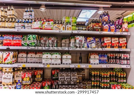 HEIDELBERG, GERMANY July 26, 2015: various types of german beer at cheap prices in a super market