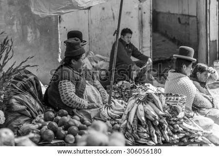LA PAZ, BOLIVIA Circa March 2015: traditionally clothed people on a market in bolivia