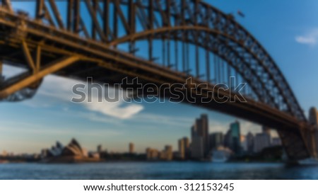 Sydney\'s opera house and skyline seen from the harbour bridge - picture blurred on purpose using a gaussian blur filter in photoshop