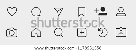 Social media interface buttons, icons:  comment, dm, saved, profile, camera, home, search, new post, story, tag post. vector illustration.