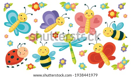 Big set with cute insects. Colorful vector illustration in flat style. Butterflies, dragonfly, bees, ladybird and tiny flowers isolated on a white background. Smiling characters for childish design.