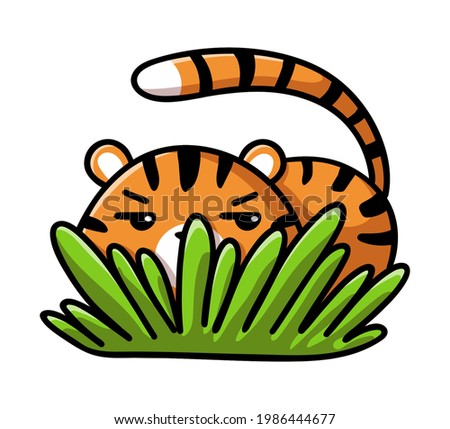 Cute tiger lurking in the bush. Flat vector illustration in cartoon style. Animal character for sticker, print, card and other design. 